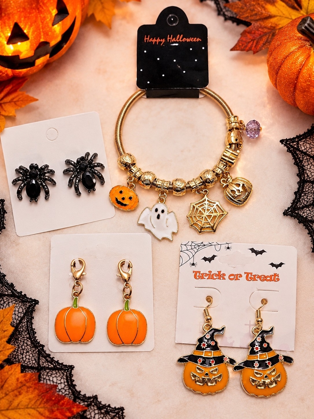 Halloween Gold-Tone Charm Bracelet, Earrings & Pumpkin Charm Orange Black